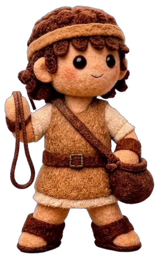 Davi, personagem em feltro do Biblinho, com a funda na mão.