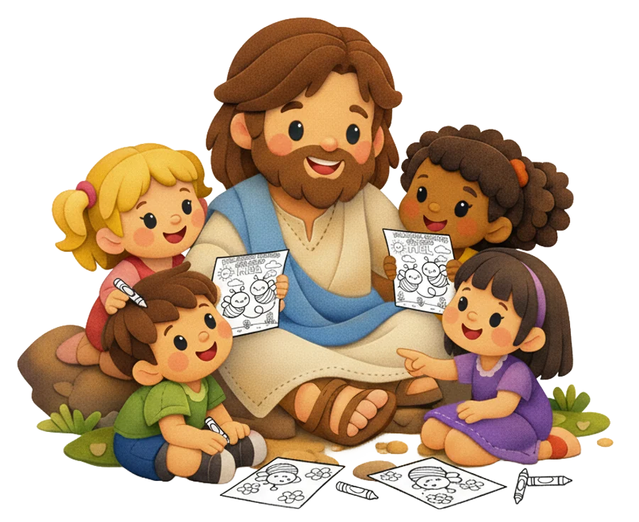 Ilustração do Biblinho: Jesus sentado com quatro crianças que mostram suas páginas para colorir.